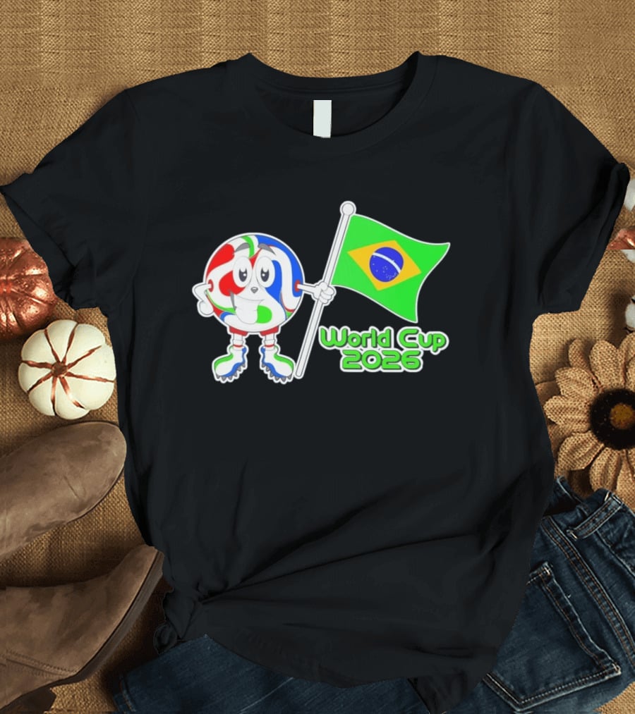 World Cup 2026 Cartoon Character With Brazil Flag Soccer Ball T-Shirt