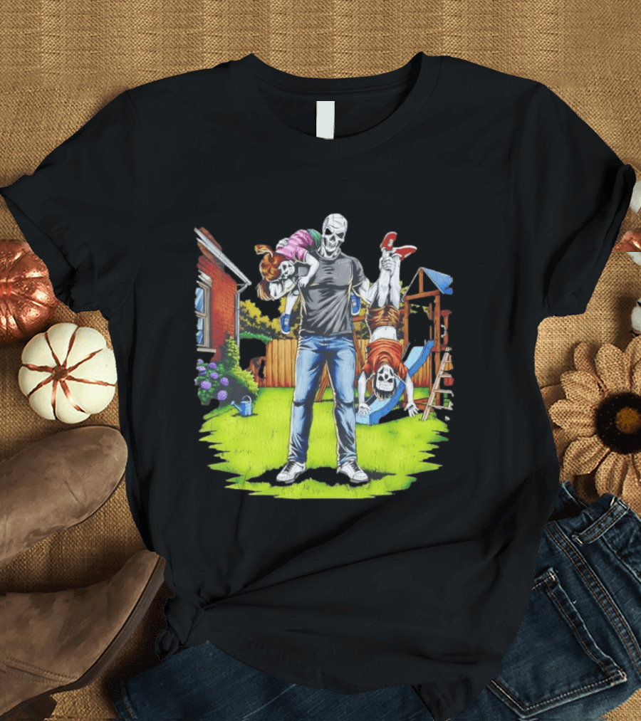 Darkest Dad Skeleton Carrying Children Garden Playground Fun Playtime T-Shirt