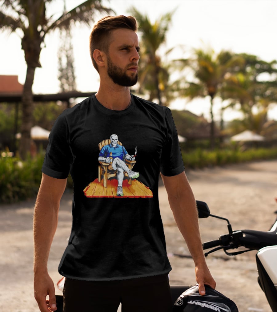 DarthBeards Skull Sitting In A Lawn Chair With Beer And Cigar T-Shirt