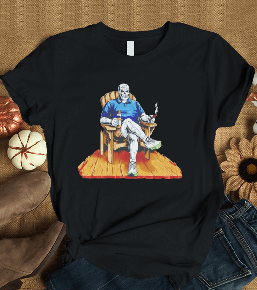 DarthBeards Skull Sitting In A Lawn Chair With Beer And Cigar T-Shirt