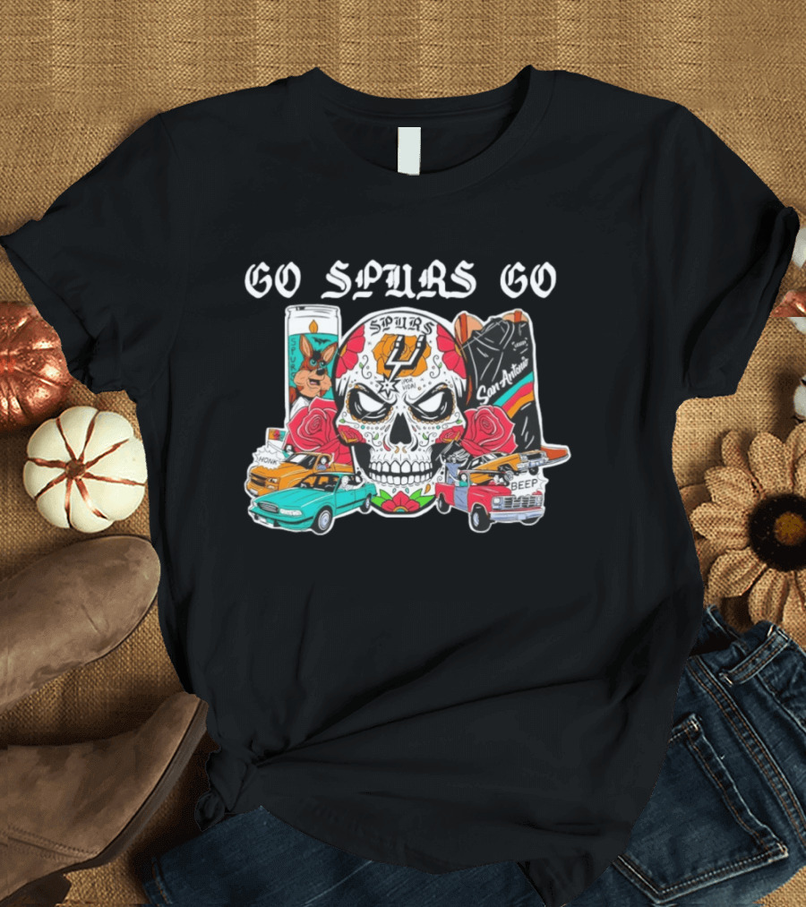 Go Spurs Go SAS Wemby Spurs The Alien Sugar Skull San Antonio Cars Roses T-Shirt