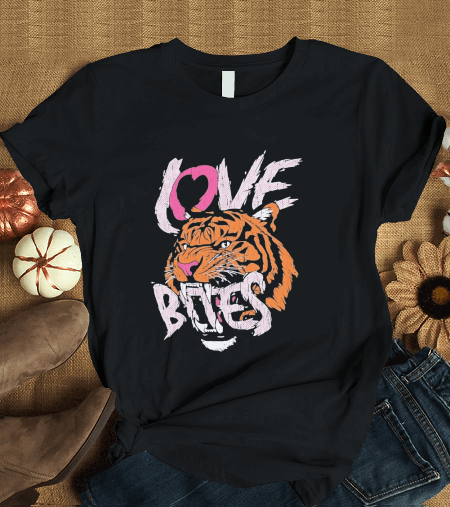 Love Bites Roaring Tiger Face Bold Pink And Orange T-Shirt