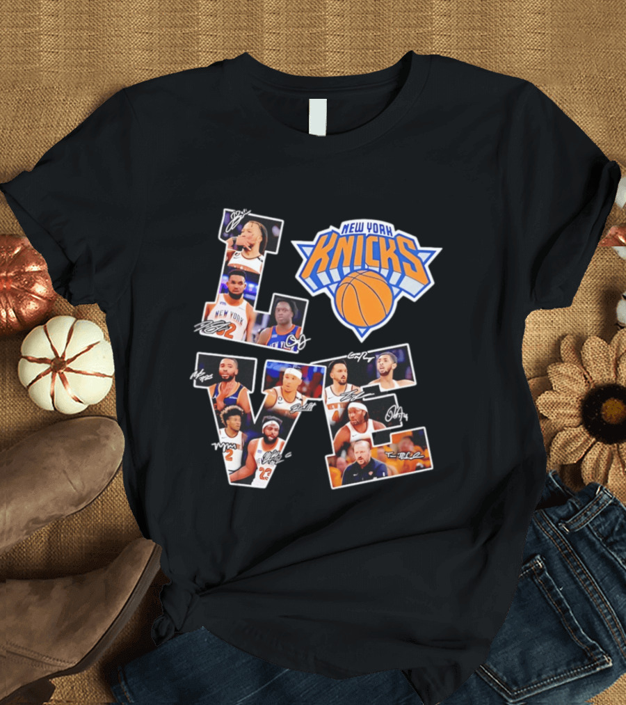 New York Knicks Players Autograph Collage Spelling LOVE With Iconic Team T-Shirt