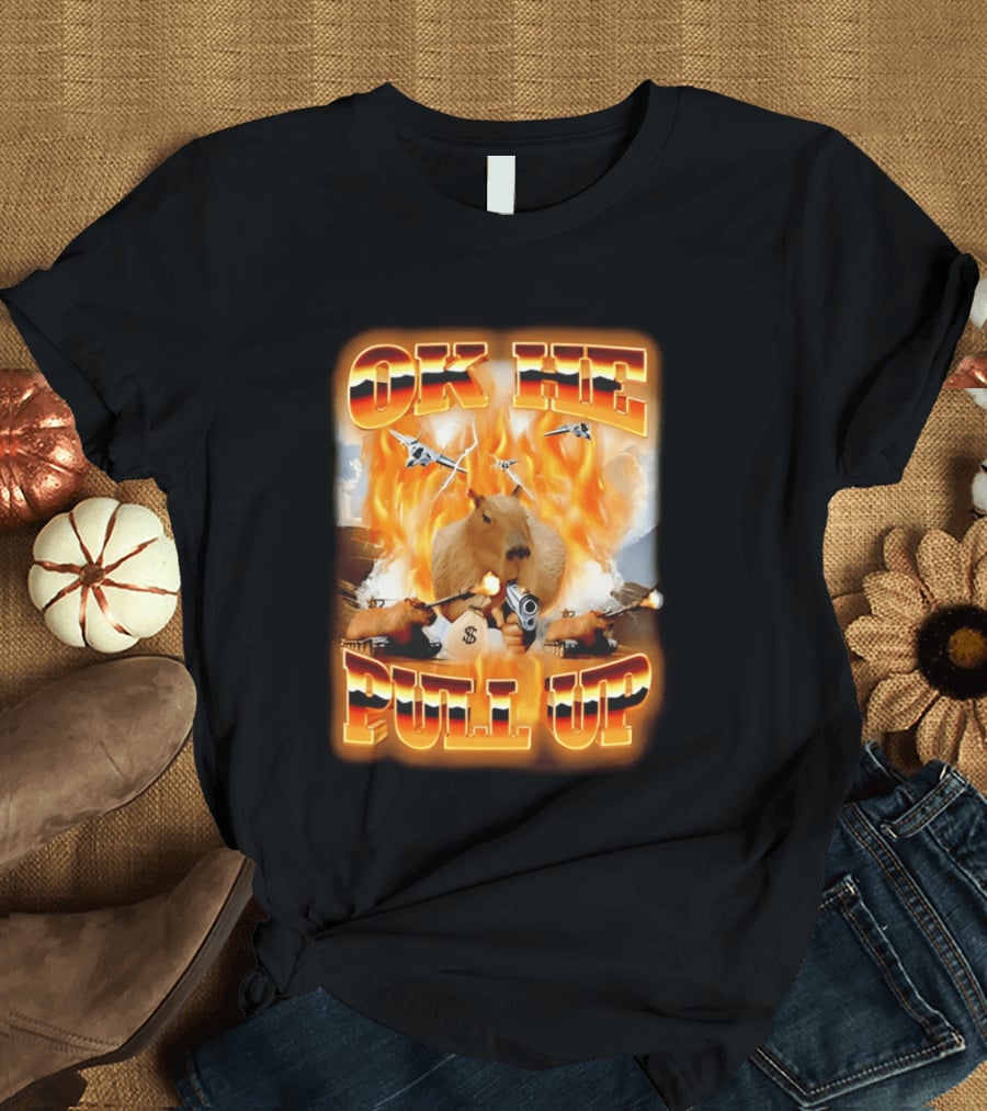 Ok He Pull Up Capybara Surrounded By Fire With Jets And Guns T-Shirt