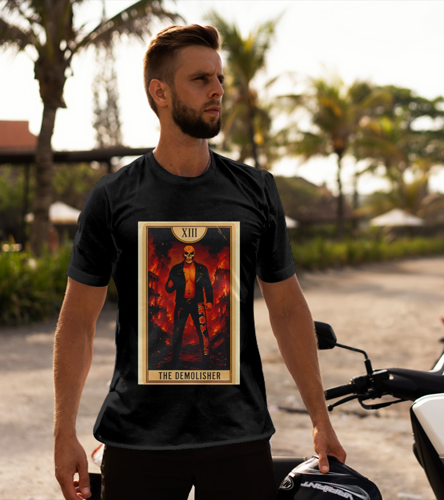 XIII The Demolisher Tarot Card Skull Masked Figure In Flames T-Shirt