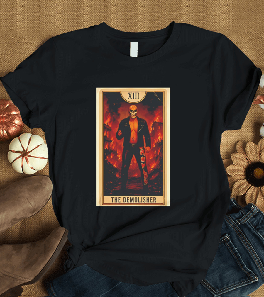 XIII The Demolisher Tarot Card Skull Masked Figure In Flames T-Shirt