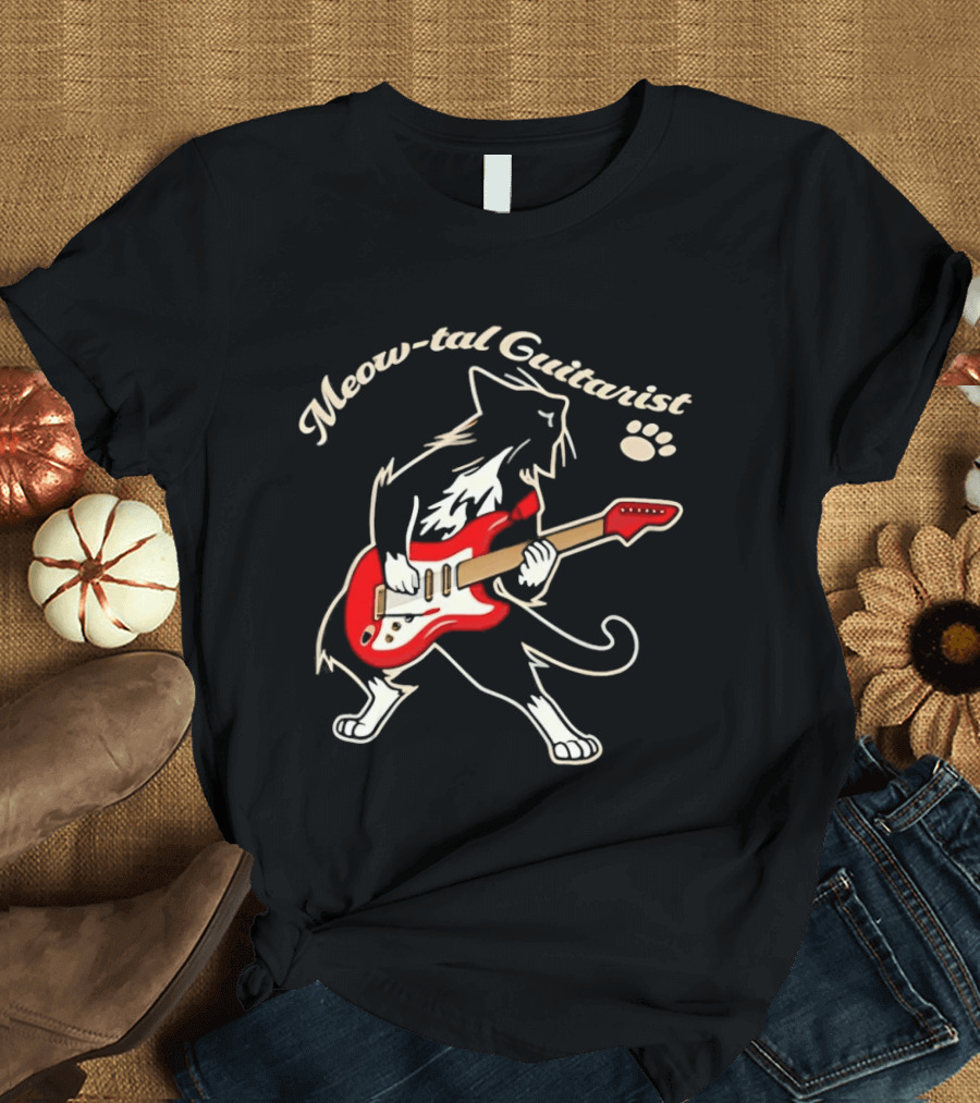 Meow Tal Guitarist Cat Playing Red Electric Guitar T-Shirt