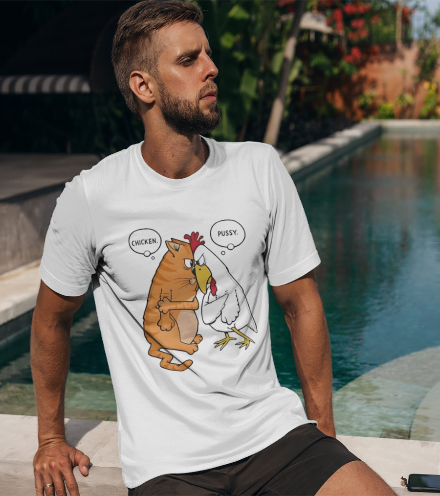 Chicken Pussy Standoff Cartoon Humor Confrontation T-Shirt