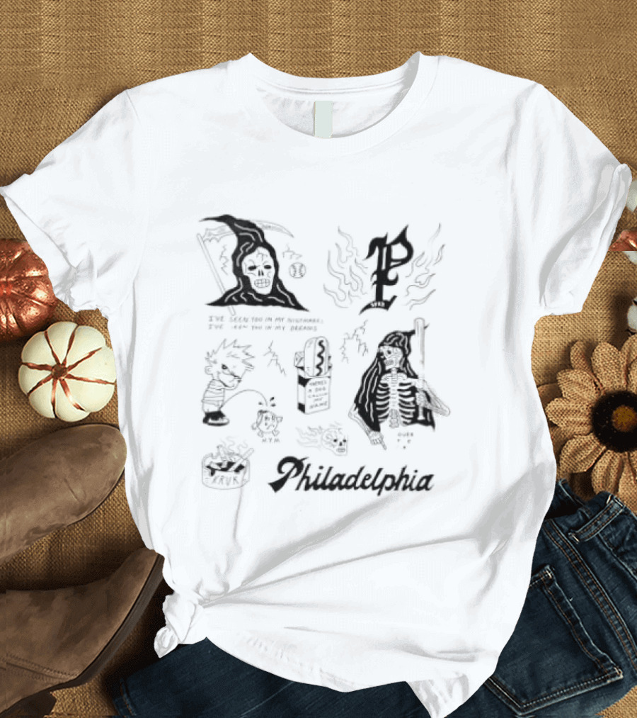 John Kruk Philadelphia Phillies MLB Nightmares Phillies Logo Wizard Skull Ghost T-Shirt