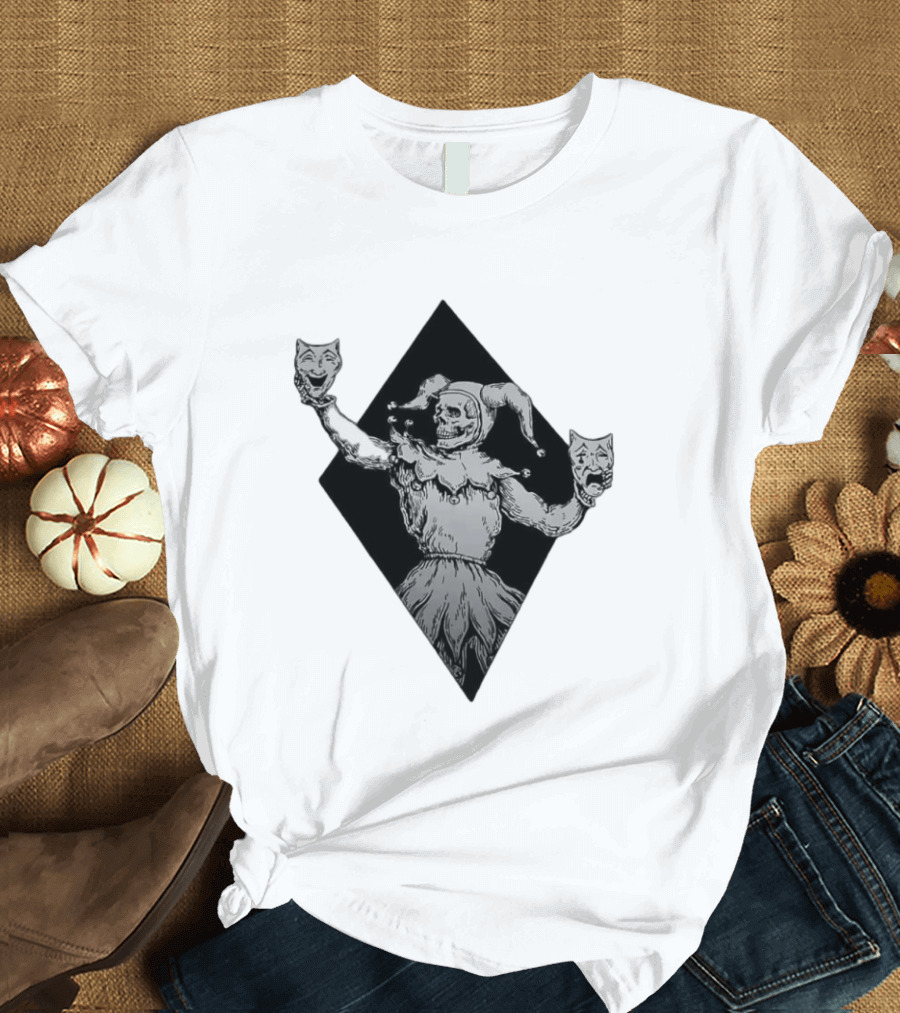 Skeleton Jester Holding Comedy And Tragedy Masks Medieval Gothic Costume T-Shirt