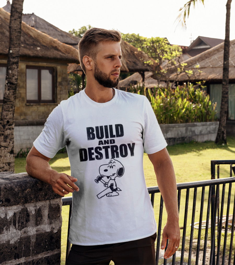 Snoopy Peanuts Build And Destroy Text Hammer Cartoon T-Shirt