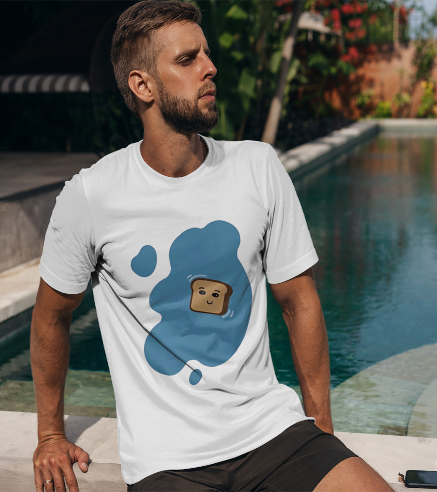 Floating Happy Toast Blue Puddle Cartoon Food Pun T-Shirt