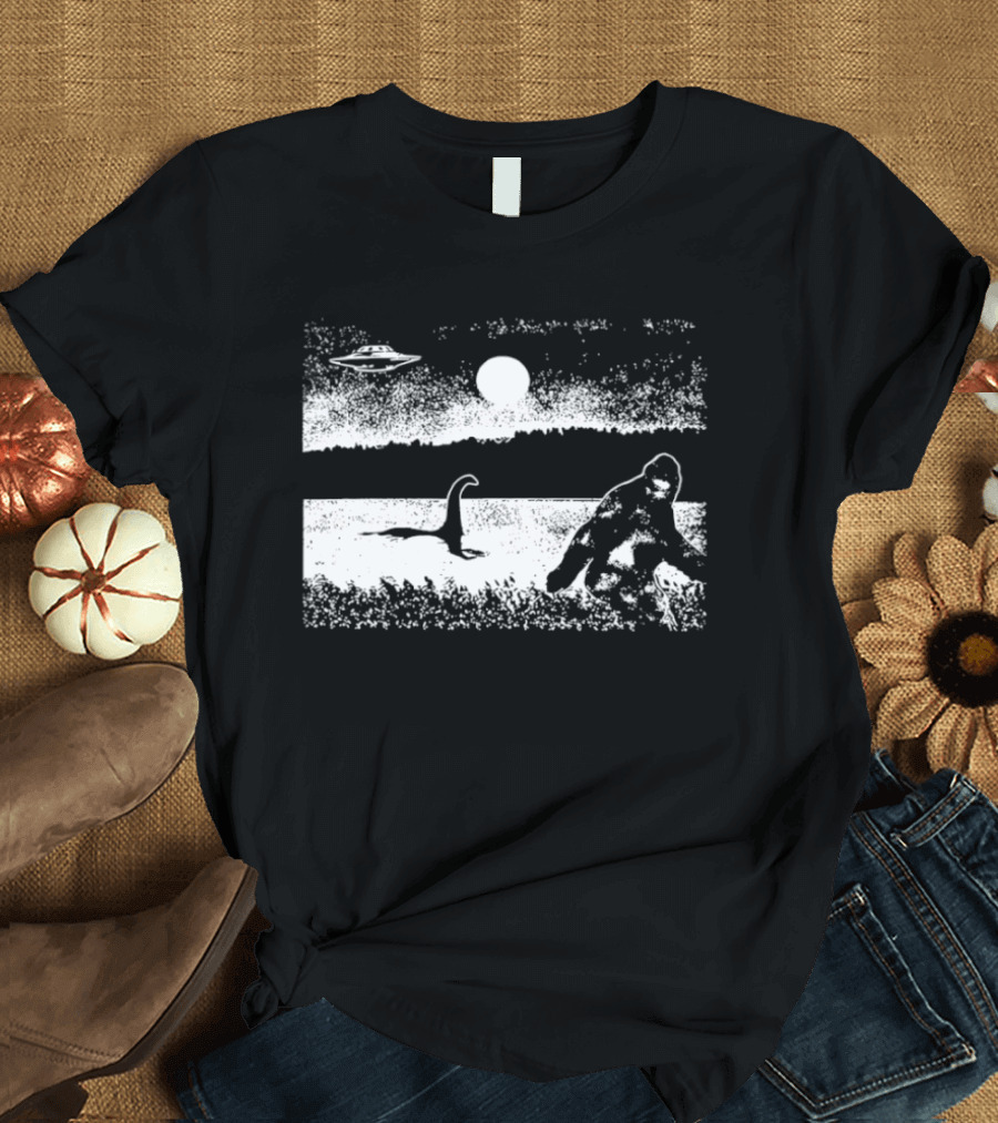 Bigfoot Nessie UFO Cryptid Creature Paranormal Mystery Nature Scene T-Shirt