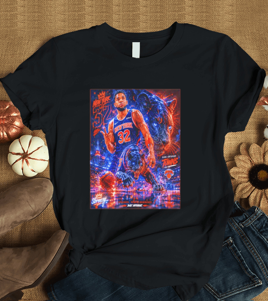 New York 32 Karl Anthony Towns Panther Blossom Street Slicey NBA Knicks T-Shirt