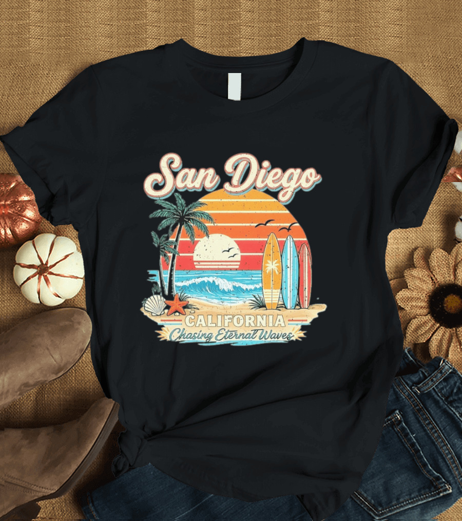 San Diego California Surfing Sunrise Chasing Eternal Waves Beach Vacation T-Shirt