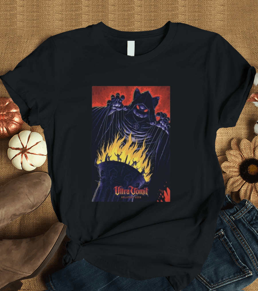 Ultra Vomit Hellfest 2026 Clisson France Jun 19 Puppet Master Cat With Fire Tower T-Shirt