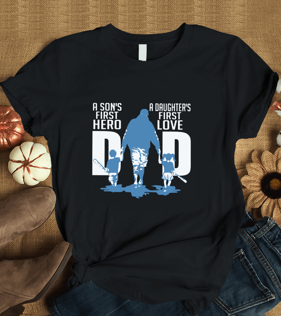 Dad A Son's First Hero A Daughter's First Love Blue Silhouette with Kids and Baseball Bats T-Shirt