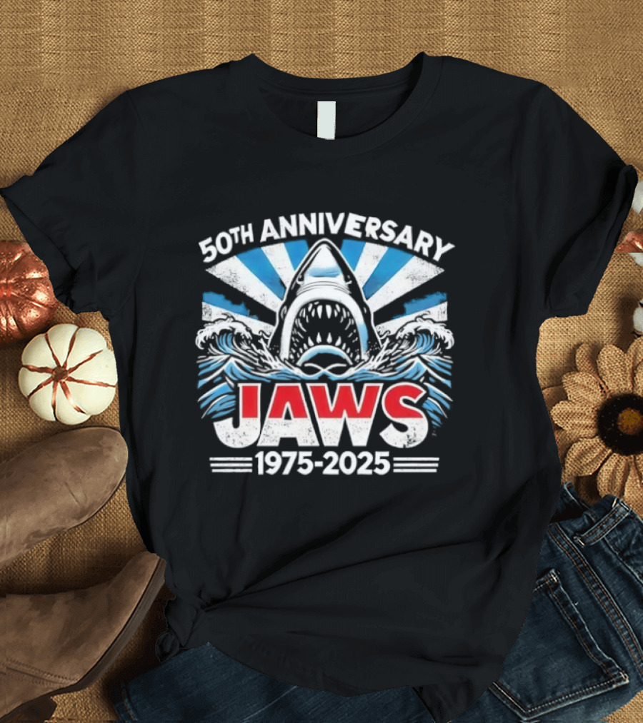 50th Anniversary Jaws 1975-2025 Shark Classic Retro Film Tribute T-Shirt