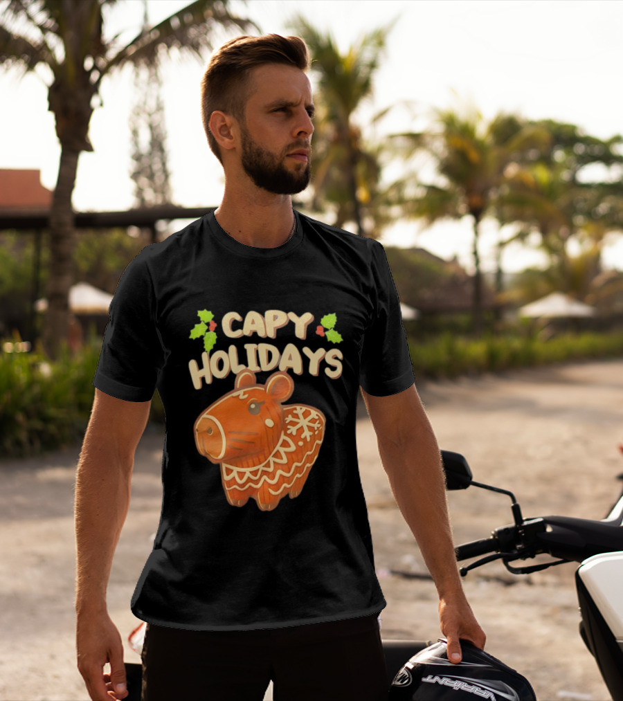 Capy Holidays Christmas Cookie Capybara With Holly Leaves T-Shirt