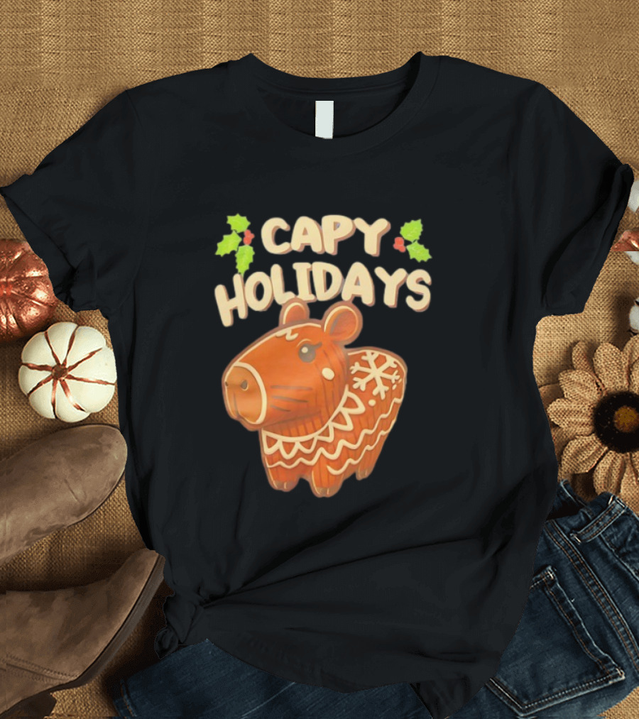 Capy Holidays Christmas Cookie Capybara With Holly Leaves T-Shirt