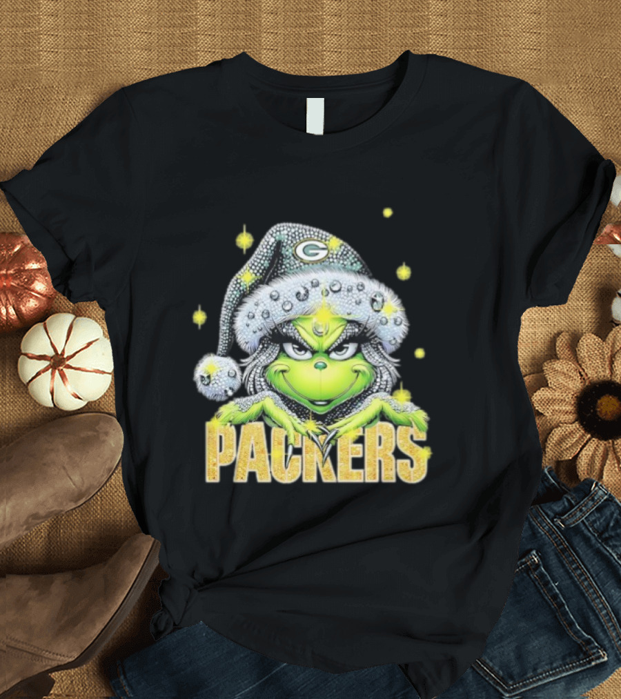 Green Bay Packers Grinch Santa Hat Christmas Football Fan Apparel T-Shirt