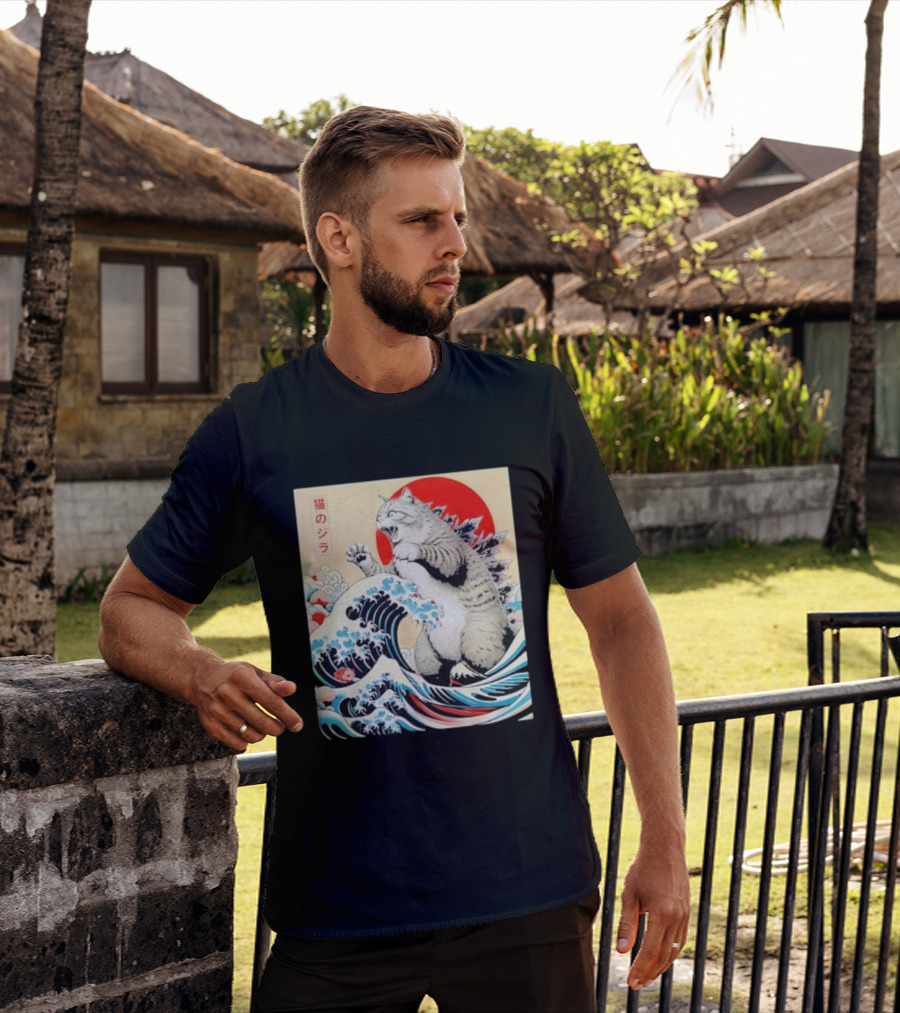 Catzilla Ukiyo-e Japanese 猫のジラ Kanagawa Waves Red Sun T-Shirt