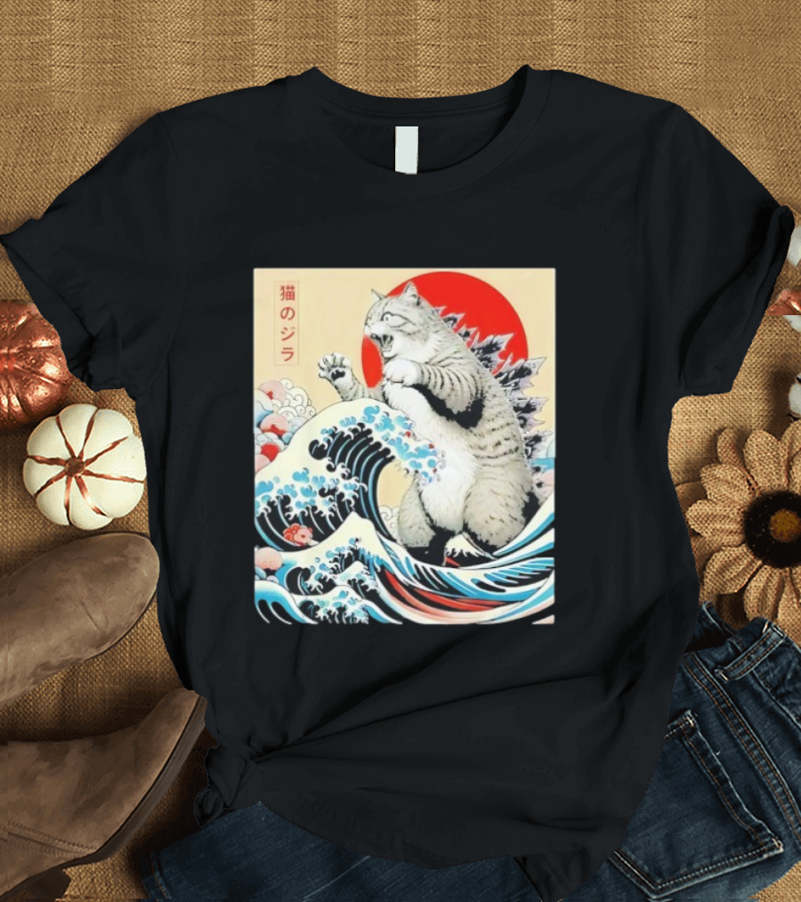 Catzilla Ukiyo-e Japanese 猫のジラ Kanagawa Waves Red Sun T-Shirt