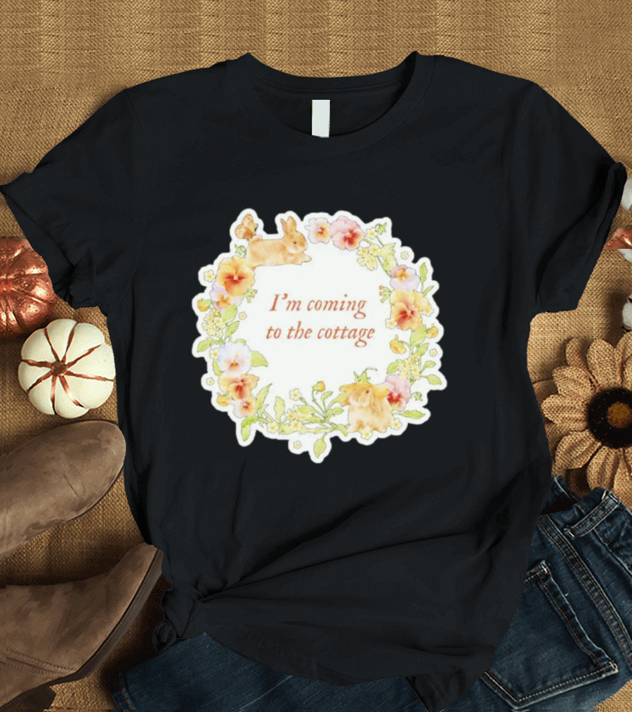 I'm Coming To The Cottage Floral Bunny Wreath T-Shirt