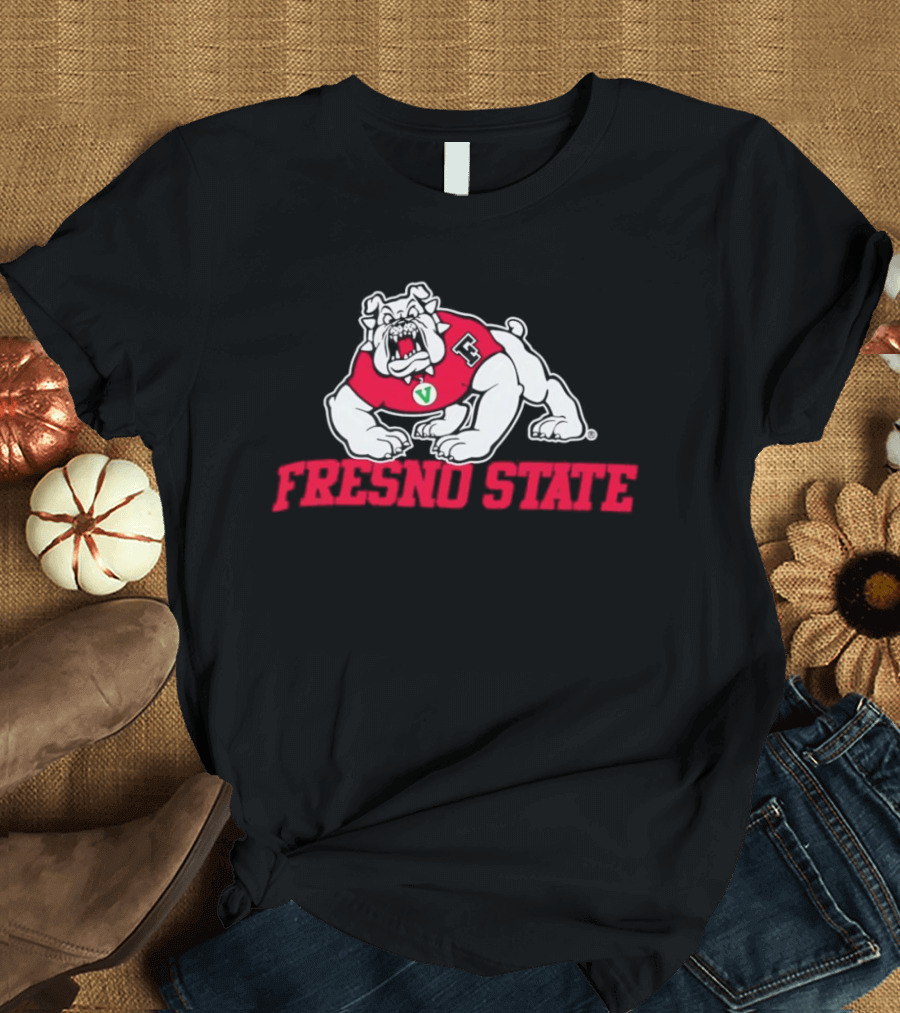 Fresno State Bulldogs Mascot Vivid Red Letterman Style T-Shirt