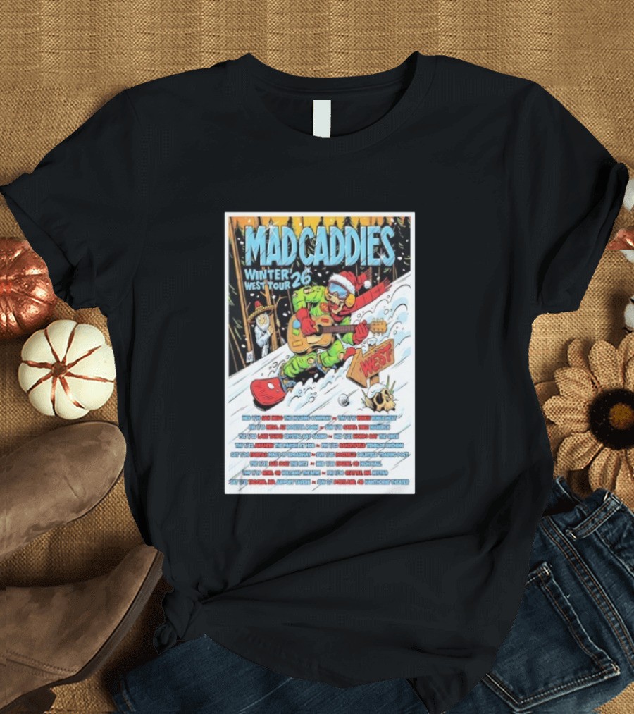 Mad Caddies Winter West Tour 26 Snowboarding Santa Skeleton Guitarist T-Shirt