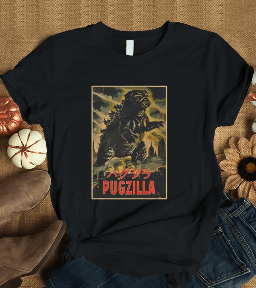 Pugzilla パグジラ Retro Japanese Movie Monster Urban Skyline T-Shirt