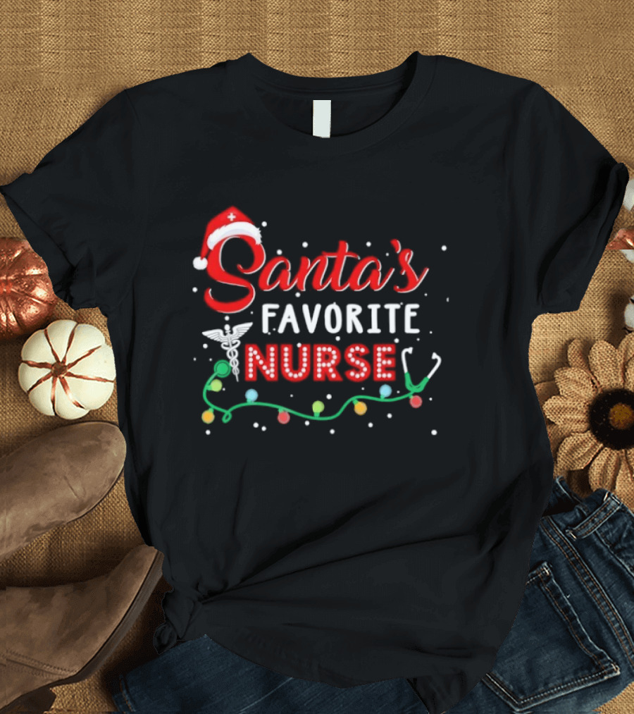 Santa's Favorite Nurse Christmas With Santa Hat And Stethoscope T-Shirt