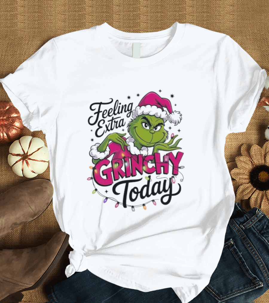 Feeling Extra Grinchy Today Green Character In Santa Hat With Lights T-Shirt