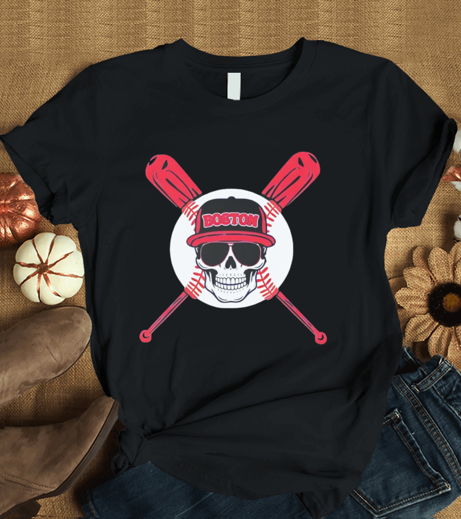 Boston Baseball Skull With Crossed Bats T-Shirt