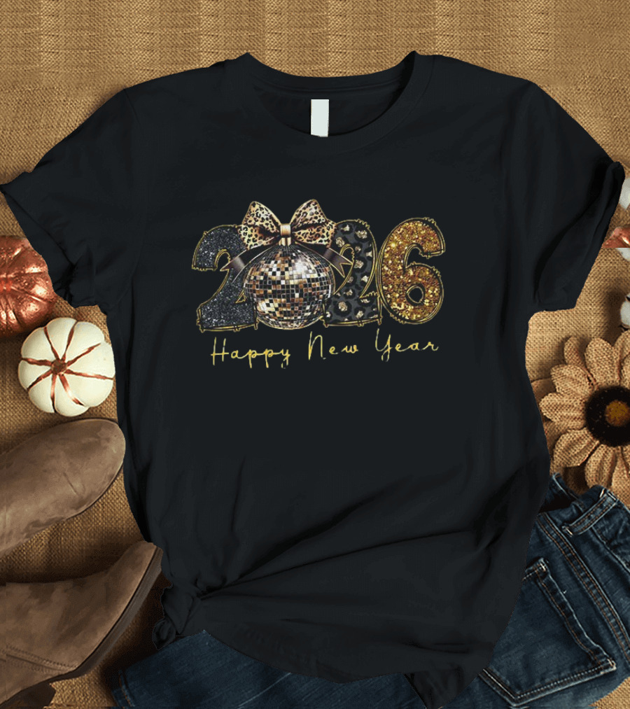 2026 Black Gold Disco Ball Leopard Print Happy New Year T-Shirt