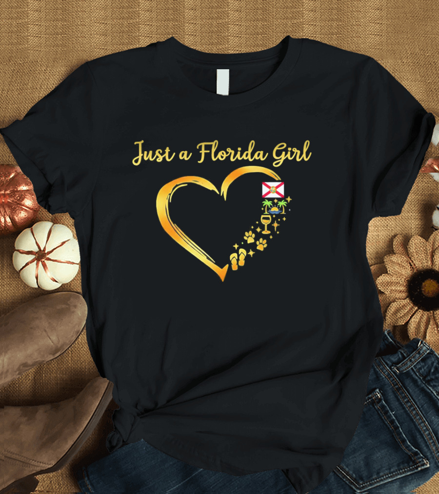 Just A Florida Girl Heart With State Flag And Tropical Iconography T-Shirt