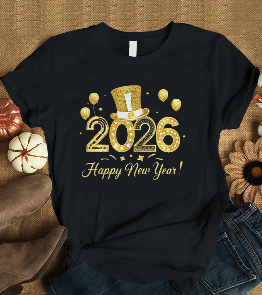 2026 Gold Glitter Balloons And Top Hat Happy New Year Celebration T-Shirt