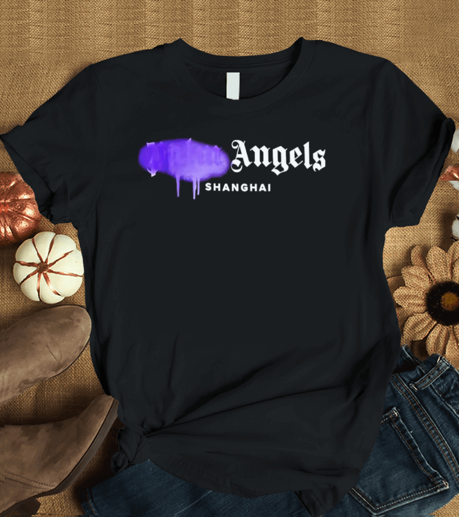 Palm Angels Black Cotton Sprayed Shanghai Purple Drip T-Shirt