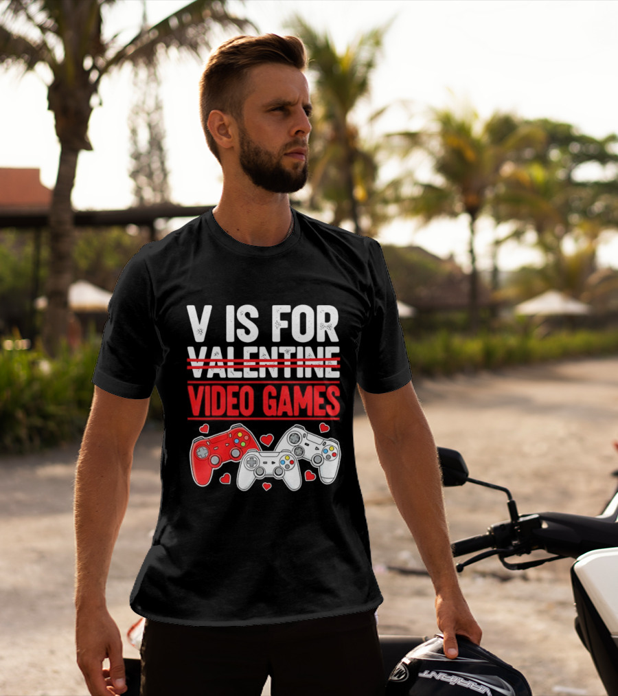 V Is For Video Games Valentines Controllers Hearts T-Shirt