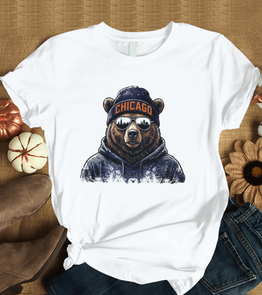 Chicago Bear Football Mascot Sunglasses Beanie Hat T-Shirt