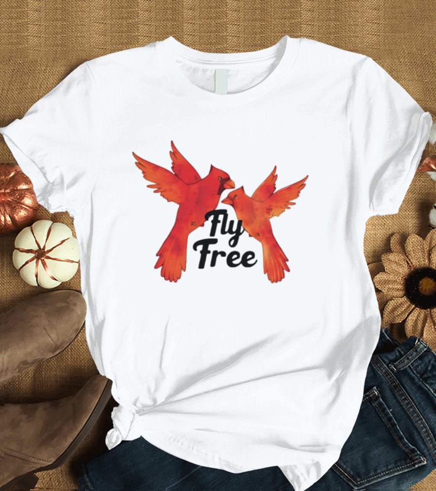Fly Free Cardinal Bird Pair Vibrant Red Wings Dynamic Motion T-Shirt