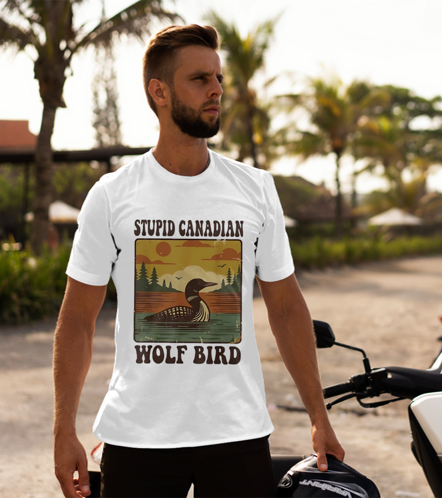 Stupid Canadian Wolf Bird Vintage Sunset Retro Lake Scene T-Shirt