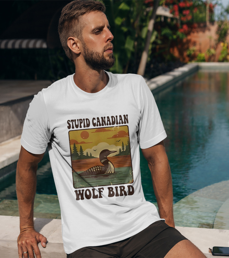 Stupid Canadian Wolf Bird Vintage Sunset Retro Lake Scene T-Shirt