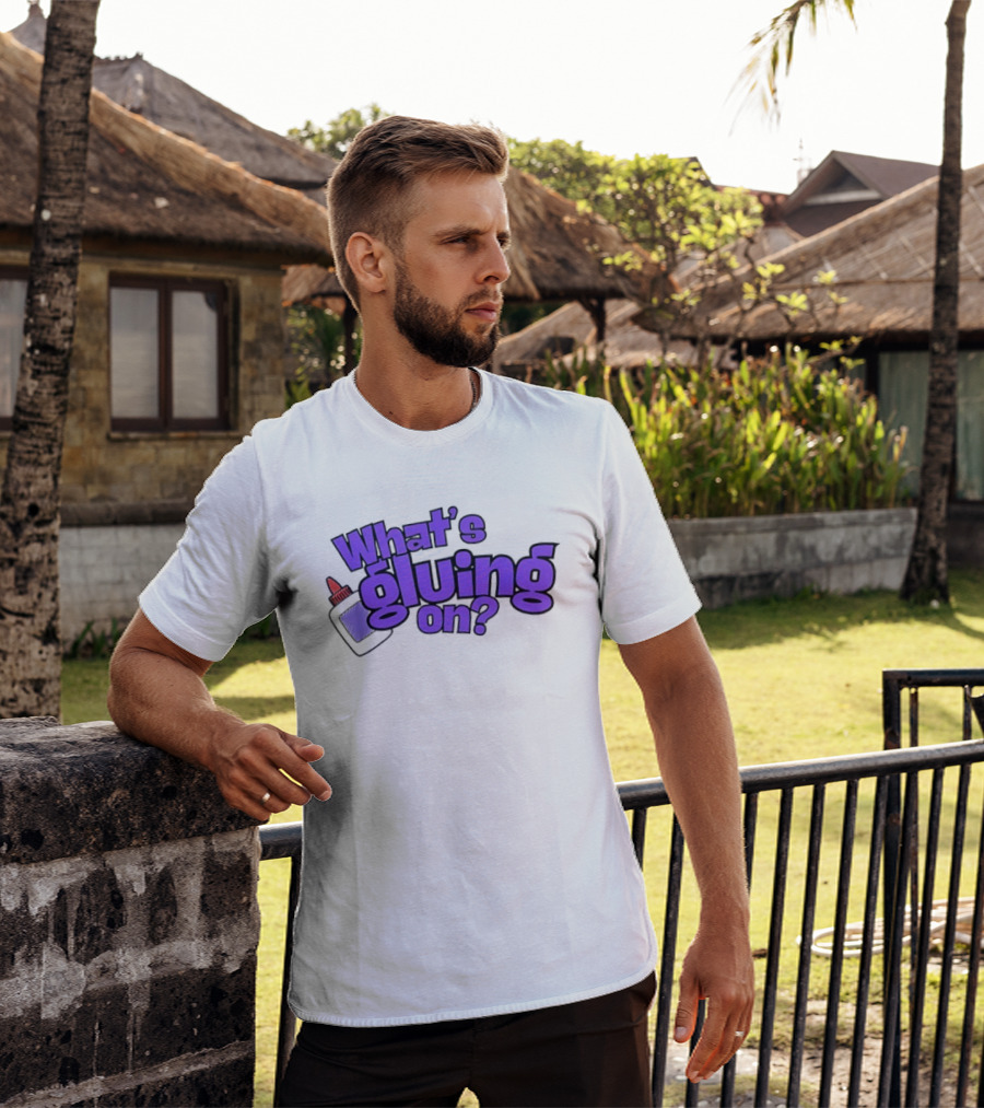 What's Gluing On Purple Text With Red Cap And Paper T-Shirt