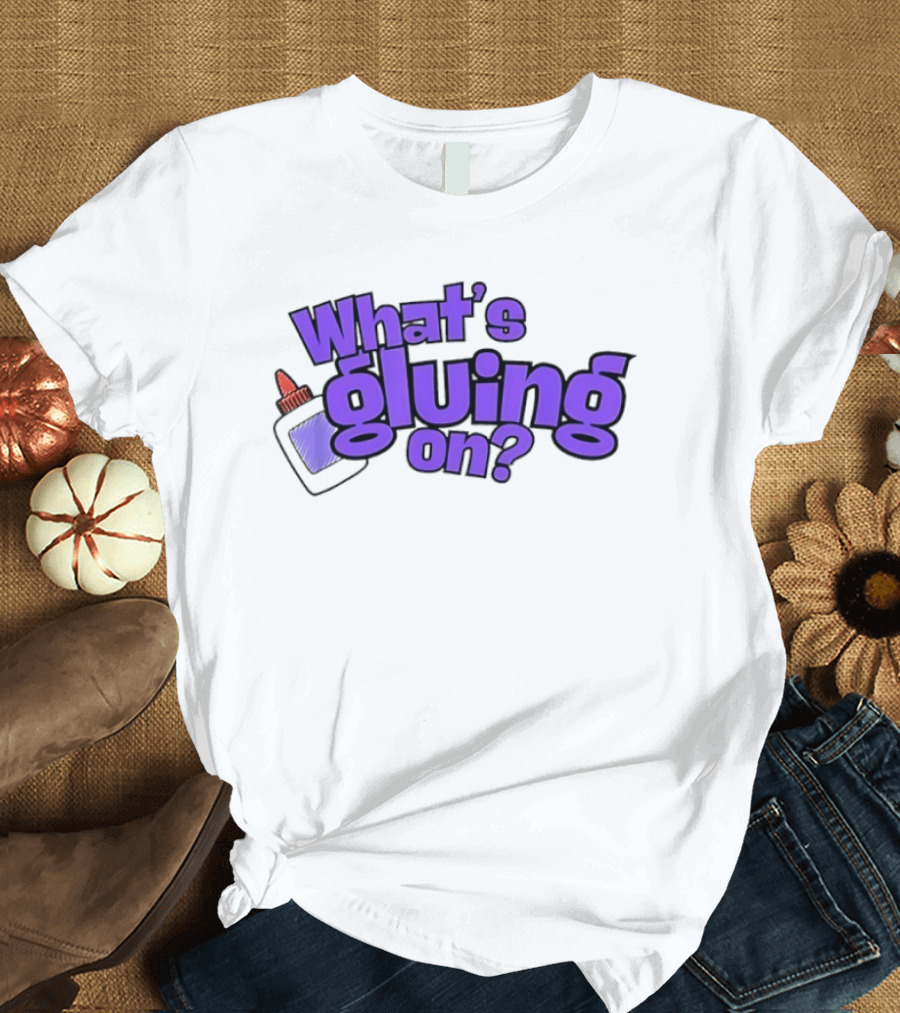 What's Gluing On Purple Text With Red Cap And Paper T-Shirt