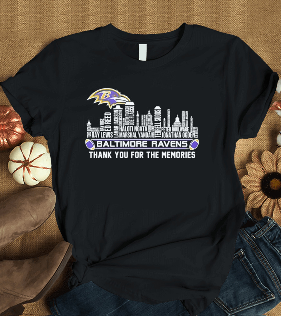 Baltimore Ravens Ray Lewis Marshall Yanda Jonathan Ogden City Skyline Thank You For The Memories T-Shirt
