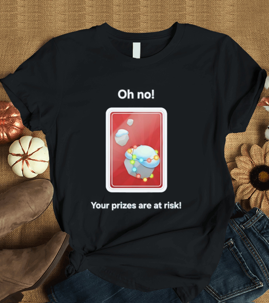 Oh No Your Prizes Are At Risk Christmas Card With Snowy Rocks And Colorful String Lights T-Shirt