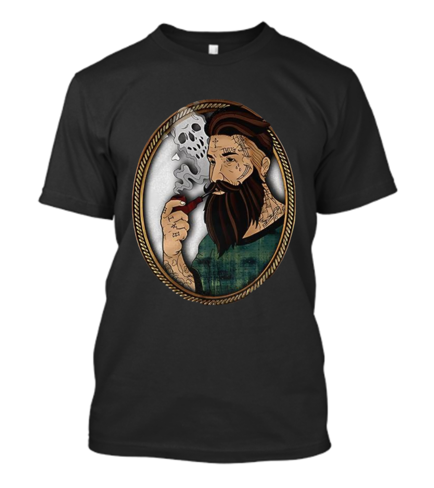 Old School Tattooed Man Smoking Pipe Retro Cartoon Image T-Shirt