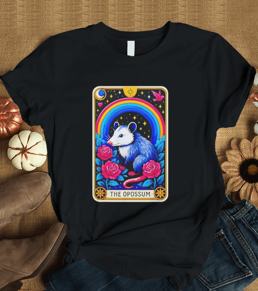 The Opossum Tarot Card Rainbow Moon Roses Stars T-Shirt