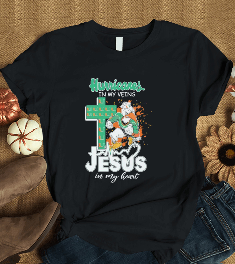 Hurricanes In My Veins Jesus In My Heart Cross Shape Miami Ibis T-Shirt